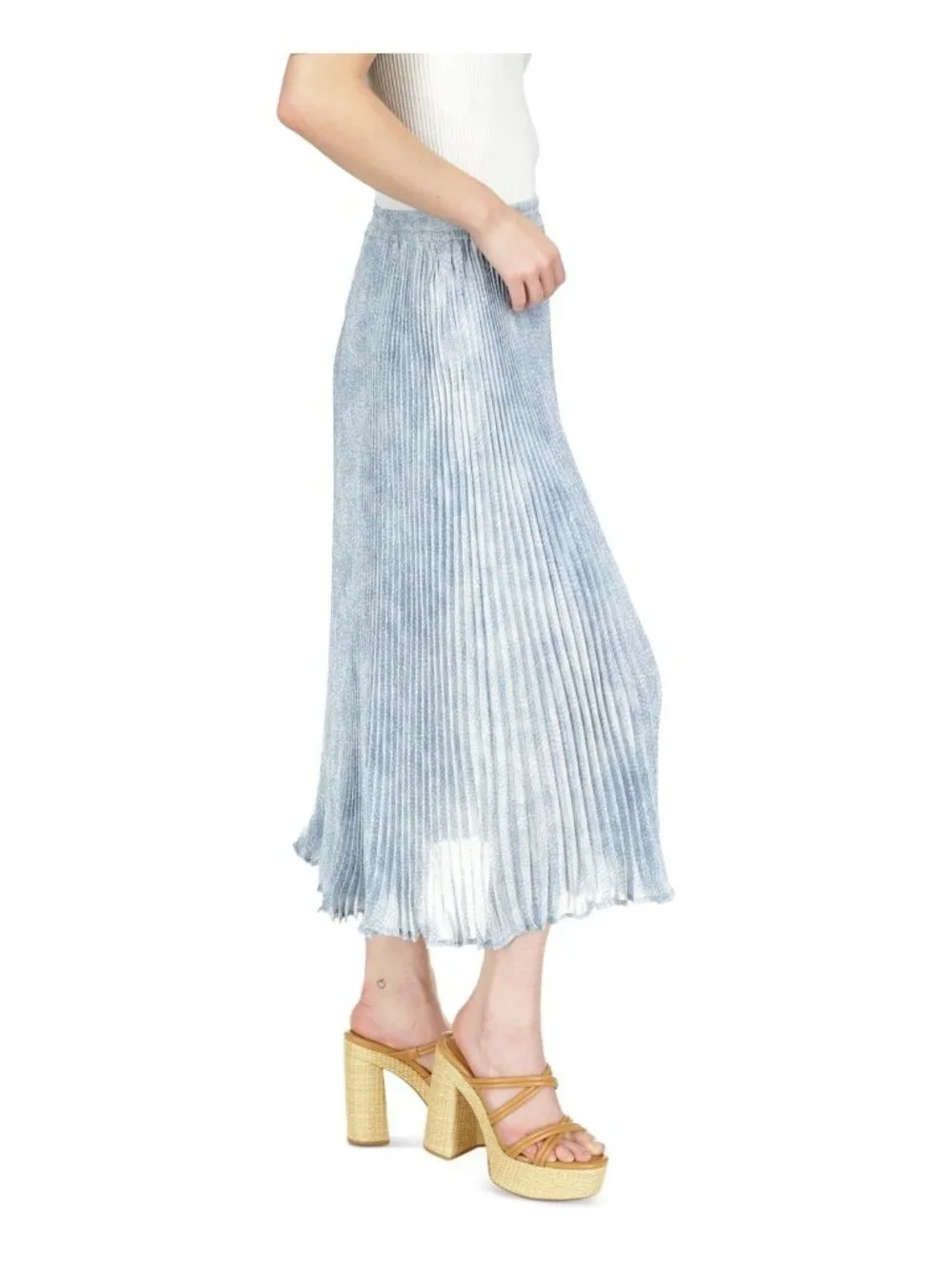 Michael Kors Tonal-Print All Over Pleated Midi Skirt Blue Size L MSRP $175